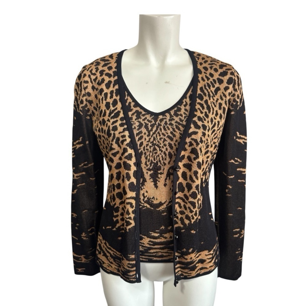 Vintage Escada Leopard Twin Set | Amber Rhinestone Sparkle Shell + Cardigan - Picture 2 of 14